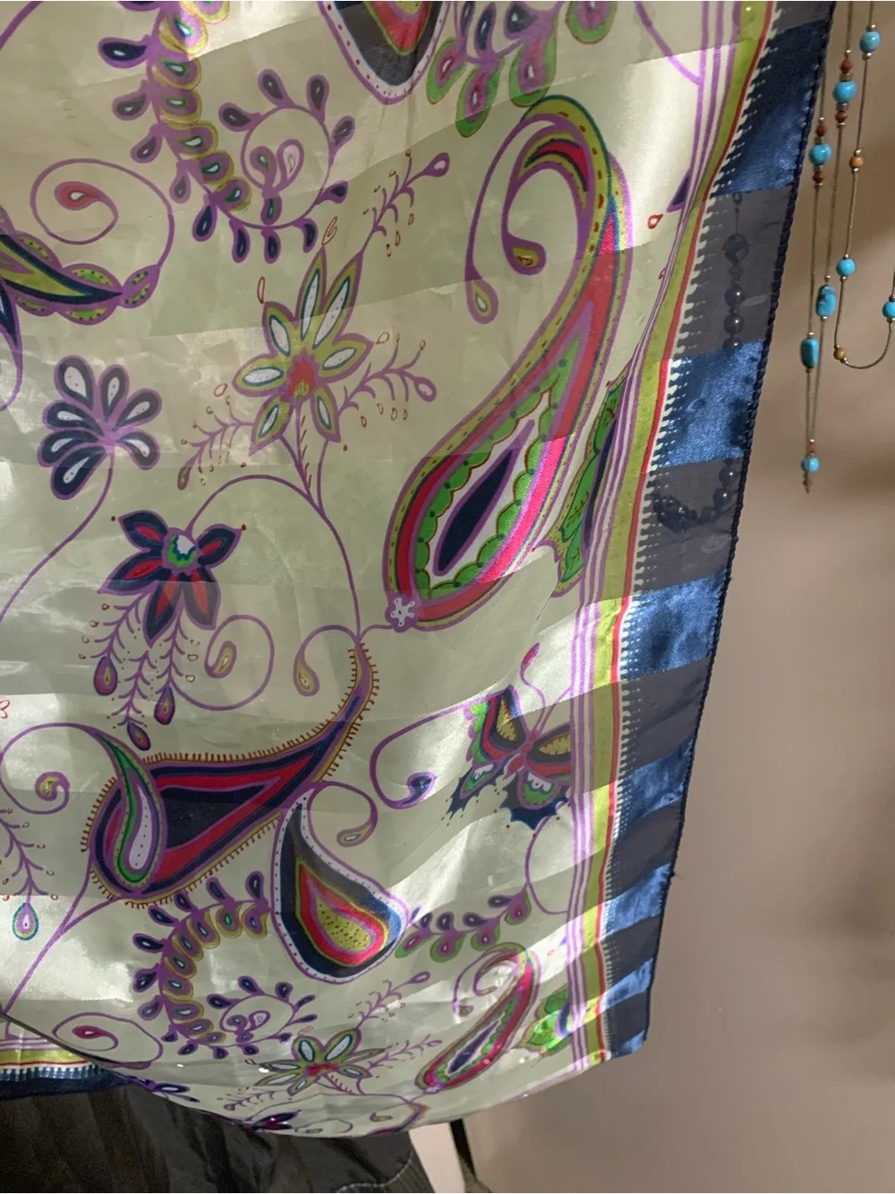 Silk-Feel Paisley Wrap Scarf in Sage Green and Multicolor